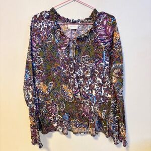 Melloday Ruffle High Neck Smocked Waist Long Sleeve Blouse Top Paisley Womens XL